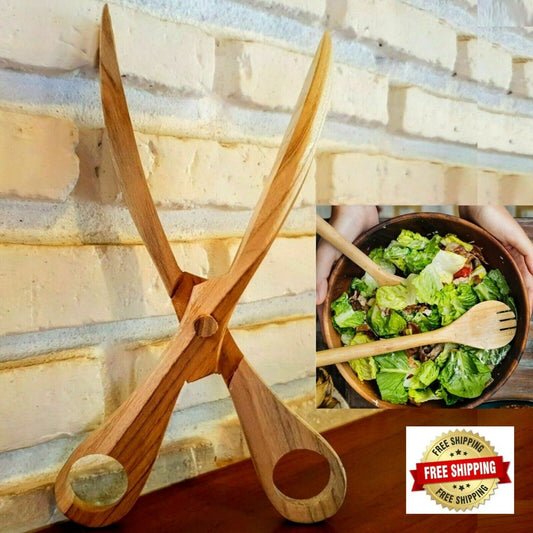 10” Wooden Salad Scissor Tongs Spoon Fork Shape Serving VTG Handcraft KitchenToo