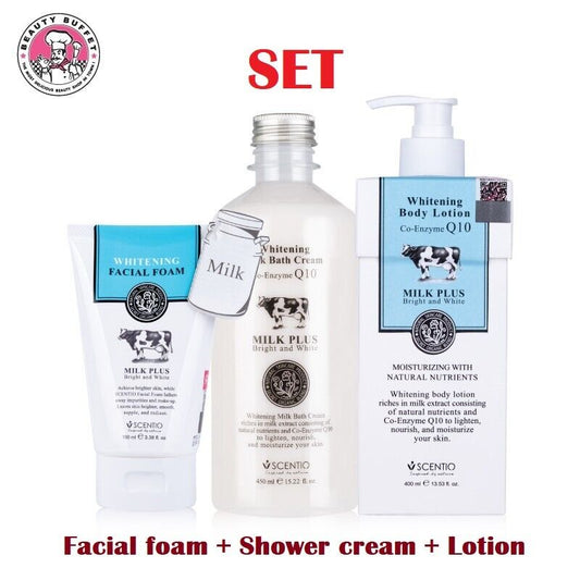 SCENTIO MILK PLUS WHITENING Q10 BODY LOTION +SHOWER CREAM +FACIAL FOAM [SET]