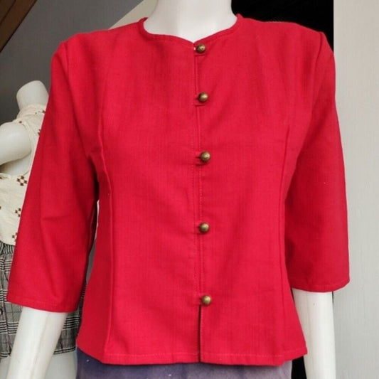 Women Cotton Clothes Casual Dress Shirt Thai Round Neck 5 Buttons Color Red