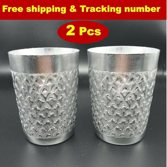 2x Vintage Collection Thai Design Aluminum Water Cup Traditional Silver Color