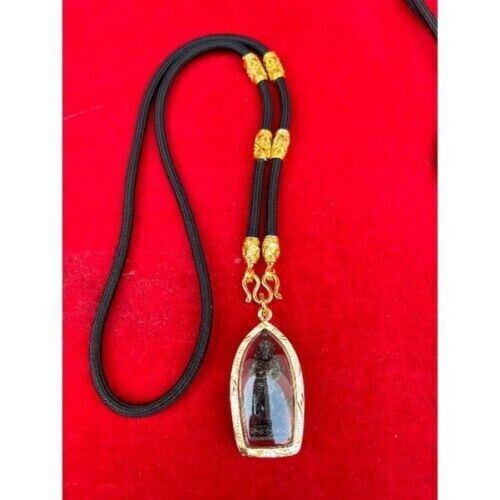 Black Wessuwan Giant God Gold Micron Pendant Rope Necklace Thai Buddha Amulet