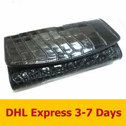 Black Fashion Genuine Crocodile Wallets Skin Leather Belly Trifold Women Clutch