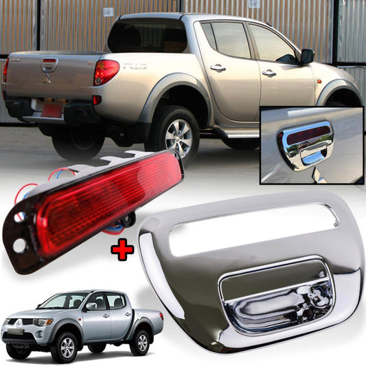 Set Red Brake Lamp Chrome Tailgate Handle For Mitsubishi Triton ML MN 2005-2014