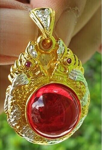 Red Naga Eye Gem Pendant Gold Micron Jewelry Talisman Thai Buddha Amulet